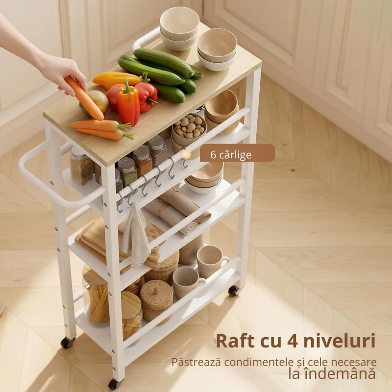 HOMCOM Cărucior de bucătărie 4 niveluri, cărucior de servire pe roți cu suport pentru prosoape și 6 cârlige, 50 x 20 x 81 cm, stejar