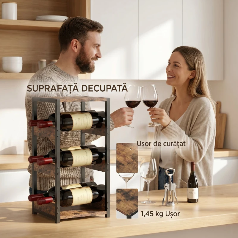 HOMCOM Suport pentru Sticle, Rafturi Ondulate, Picioare Reglabile, Maro Rustic, Negru