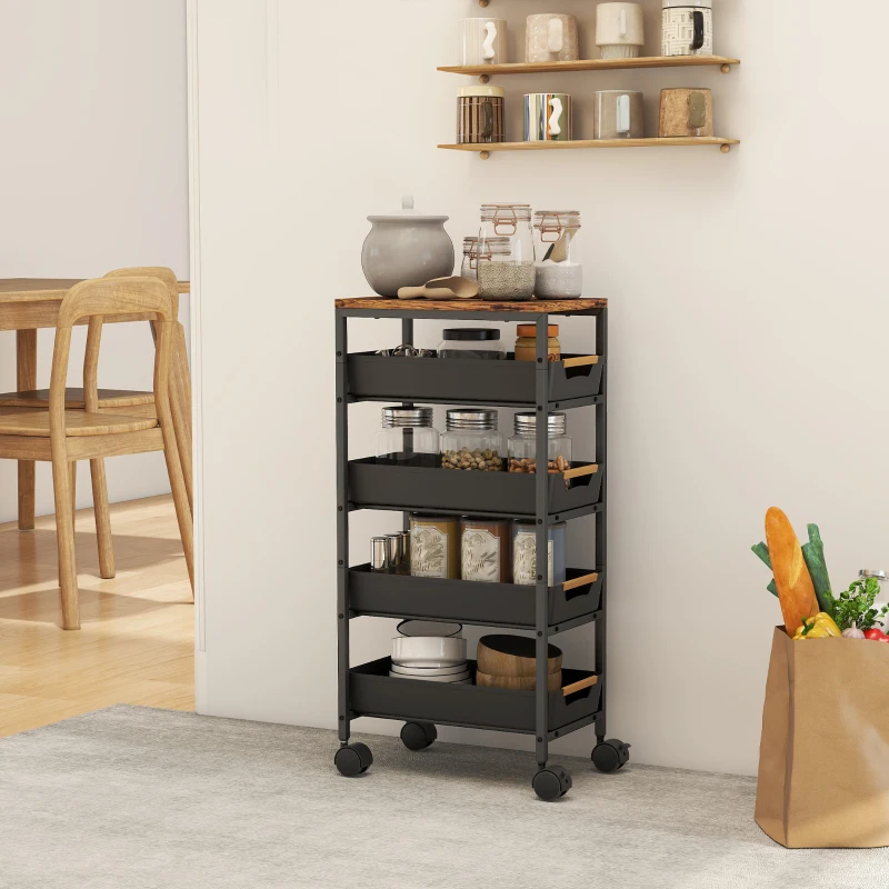 HOMCOM Carucior de Bucătărie de 5 Nivele Carucior Auxiliar cu Roți Tablou Efect Lemn Sertare Extrase 39,5x24x82 cm Negru