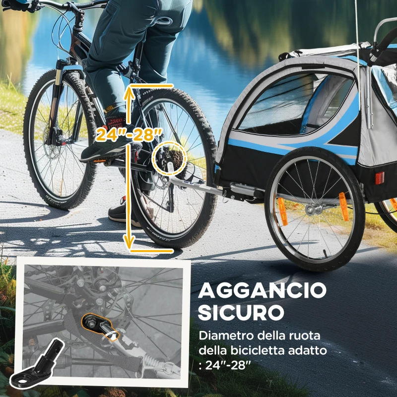 HOMCOM Rimorchio Bici per Bambini e Passeggino 2 in 1 con Cintura,  Tasche e Bandierina, Blu