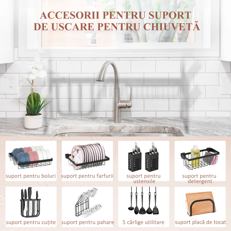 HOMCOM Suport pentru Vase Modulabil de Chiuvetă cu 2 Niveluri, Picioare Antialunecare, din Oțel, 65x31,5x52,5 cm, Negru