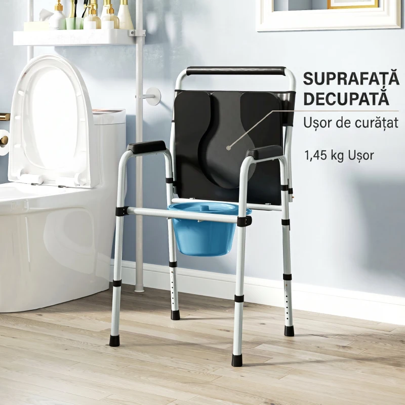 HOMCOM Scaun WC Pliabil și Reglabil cu Brațe și Spătar, din Oțel și Piele PU, 52.5x46x81.5-97 cm, Negru