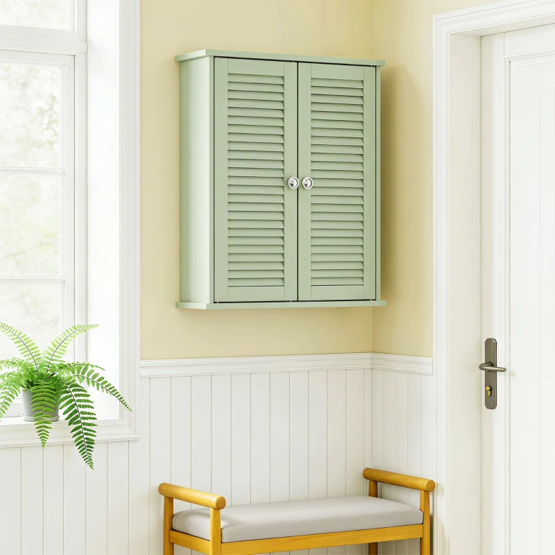 HOMCOM Armoire murale de salle de bain, meuble de rangement suspendu avec 2 portes persiennes et étagère réglable, vert