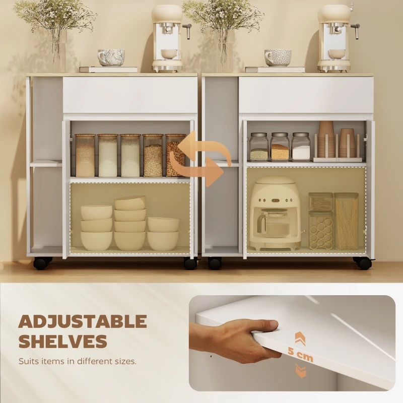 HOMCOM Kitchen Storage Trolley Cart with Cabinet, Drawer and Open Shelves, White