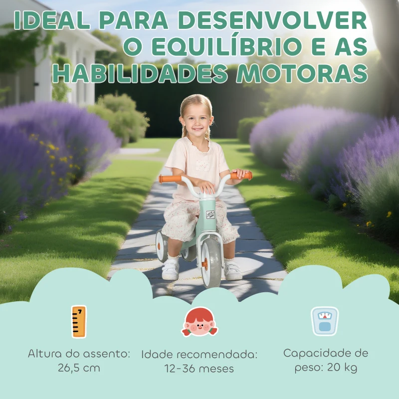 AIYAPLAY Bicicleta sem Pedais para Crianças dos 12 aos 36 Meses Bicicleta de Equilíbrio com Guiadores com Rotação Limitada a 60° 69x40x49 cm Verde