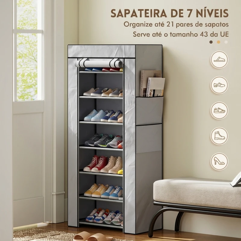 HOMCOM Sapateira de 7 Níveis em Aço com Capa em Tecido Não Tecido e 2 Bolsos para 14-21 Pares Cinza