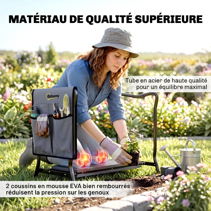 Outsunny Tabouret de Jardin Pliable 2 en 1, Coussin en Mousse EVA et 4 Poches à Outils Amovible, Charge 150kg, 58x28x49cm, Gris
