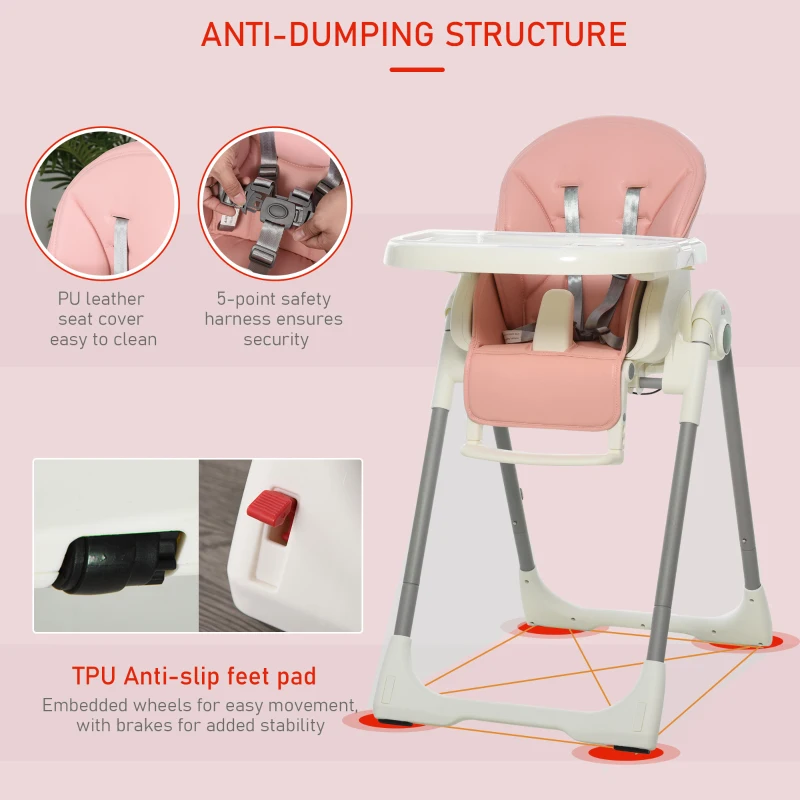 HOMCOM Foldable Baby High Chair Convertible Feeding Chair Height Adjustable with Adjustable Backrest Footrest and Removable Tray 5 Point Safety Harness for Kids 6 - 36 Months Pink