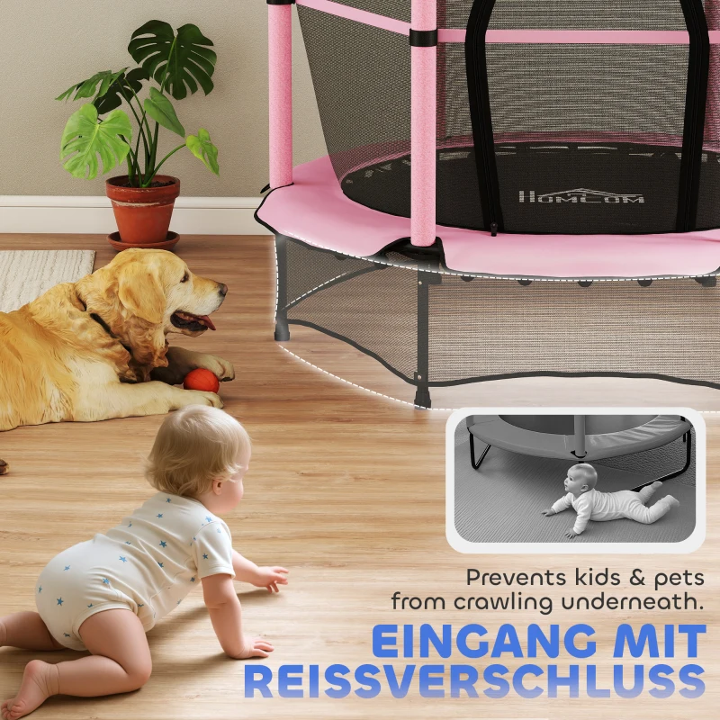 HOMCOM Trampolin für Kinder, Ø140 cm, mit Sicherheitsnetz, für innen und außen, Stahl, Kunststoff, belastbar bis 50 kg, Rosa