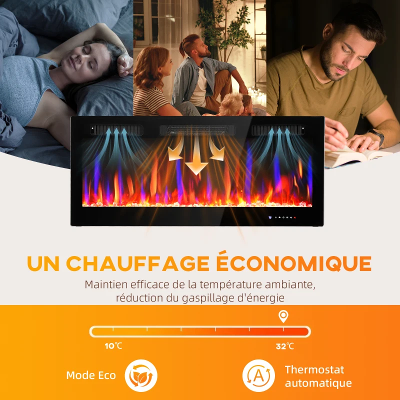 HOMCOM Cheminée électrique mural ou encastrable 900W/1800W, effet flamme à 12 couleurs 5 luminosités, 106,7x9,4x47cm, noir