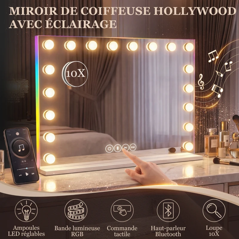 HOMCOM Miroir maquillage Hollywood 18 ampoules LED, 3 couleurs d'éclairage, lumière RGB, haut-parleur Bluetooth, blanc