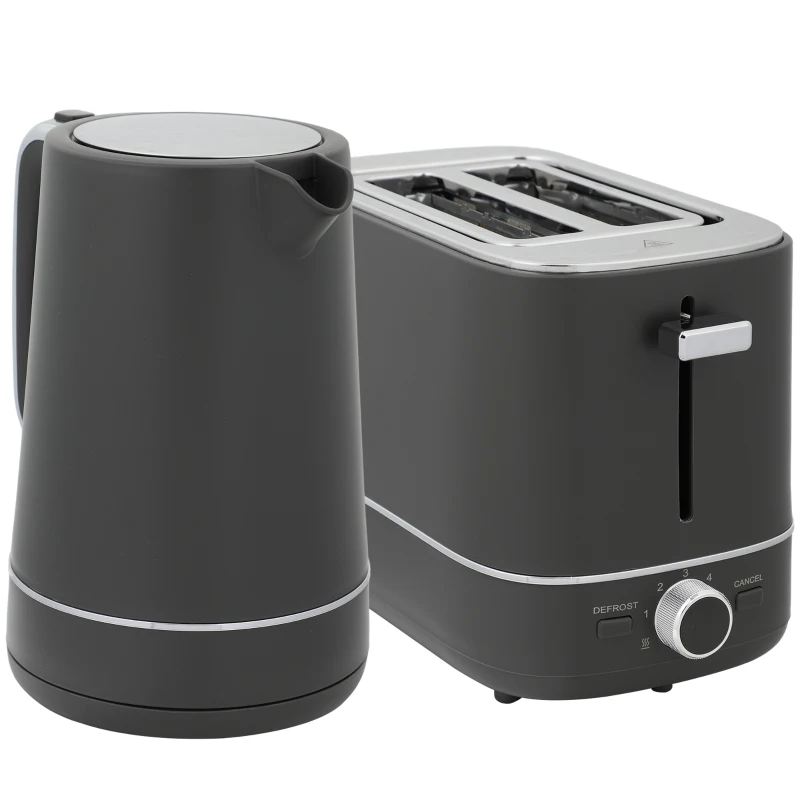 HOMCOM Kettle and Toaster Set, 1.7L 3000W Fast Boil Kettle & 2 Slice Toaster Kitchen Set with 6 Level Browning Controls, Defrost, Reheat, Grey