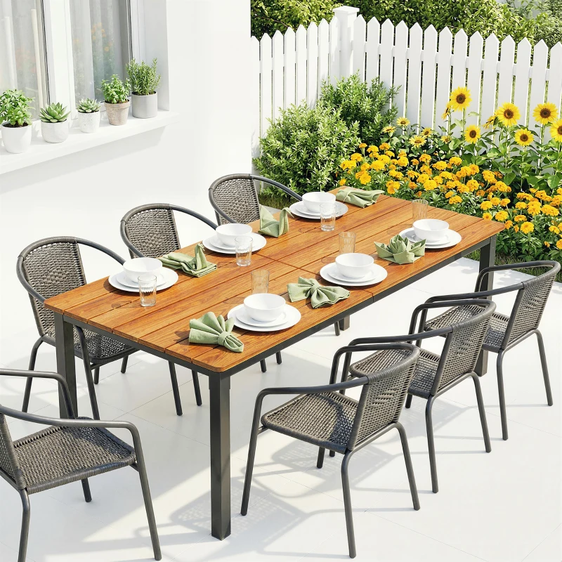 Outsunny Gartentisch 180 x 86 cm für 6-8 Personen Holztisch mit Lamellen-Tischplatte Stahlrahmen Teak