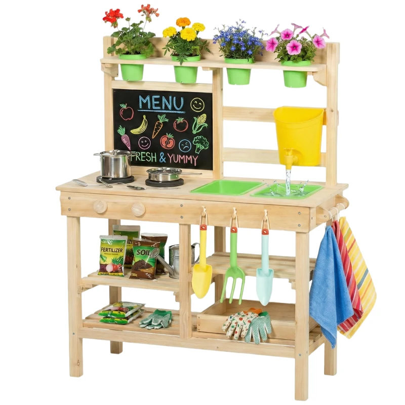 AIYAPLAY Matschküche Kinder Outdoor, Spielküche aus Holz mit Spüle Herd Pflanztöpfen Tafel für 3-6 Jahre 77x32x95 cm Naturholz