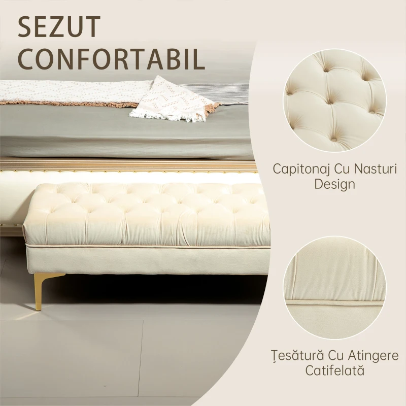 HOMCOM Bancă pentru capătul patului, tapițată cu material textil matlasat cu efect de catifea, 118x45x42 cm, bej
