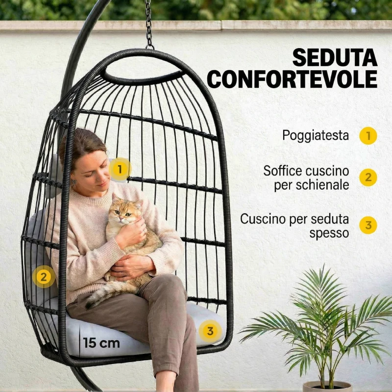 Outsunny Sedia a Uovo Sospesa con Supporto e Cinghia di Sicurezza, 105x101x196 cm, Nero e Grigio Chiaro