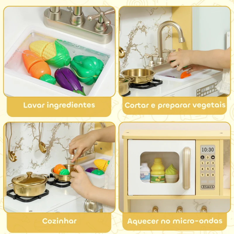 AIYAPLAY Cozinha de Brincar em Madeira com Som Acessórios em Aço Inoxidável Micro-Ondas Forno Lava-Loiças Legumes para Cortar 55x24x96 cm Dourado