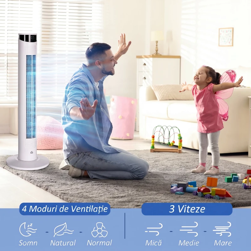 HOMCOM Ventilator turn 45W cu 3 moduri și 3 viteze, timer de 12h, din ABS și aluminiu, Ø31.5x93 cm, alb