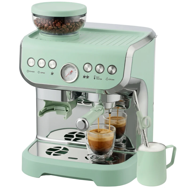 HOMCOM 15 Bar Coffee Machine, with Adjustable Grind, Steamer and Accessories - Light Green