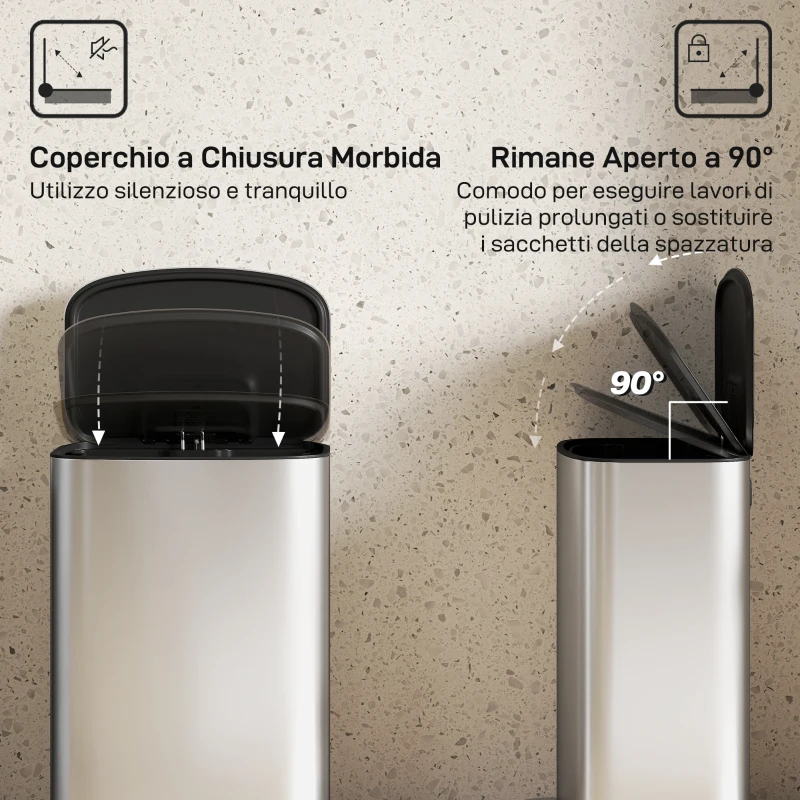 HOMCOM Pattumiera a Pedale da 50L con Coperchio Ammortizzato, Apertura a 90° e Secchio Rimovibile, Acciaio Inox, Grigio
