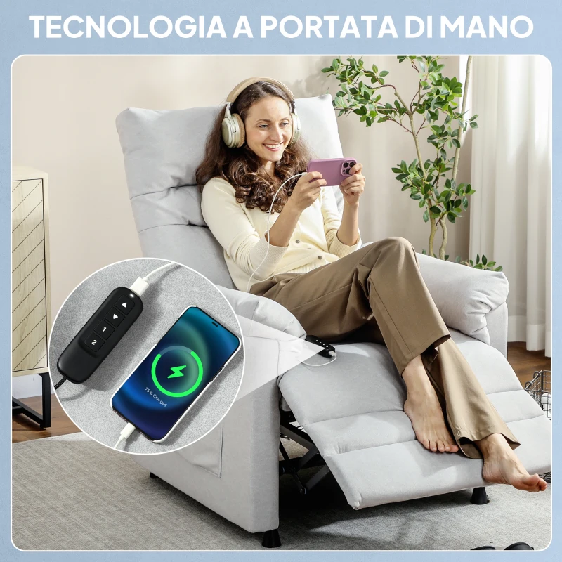 HOMCOM Poltrona Reclinabile con Poggiapiedi, Riscaldamento, 8 Punti Massaggio e 5 Modalità, Tessuto Vellutato, Grigio