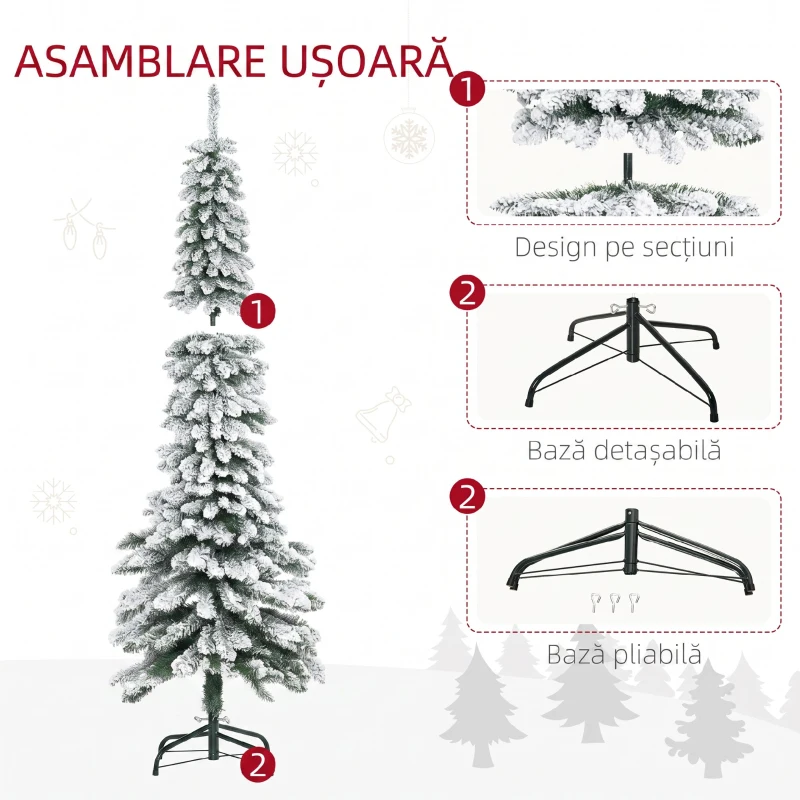 HOMCOM Brad de Crăciun înzăpezit cu 3 secțiuni și 490 de ramuri din metal și plastic, 54x54x210 cm, verde