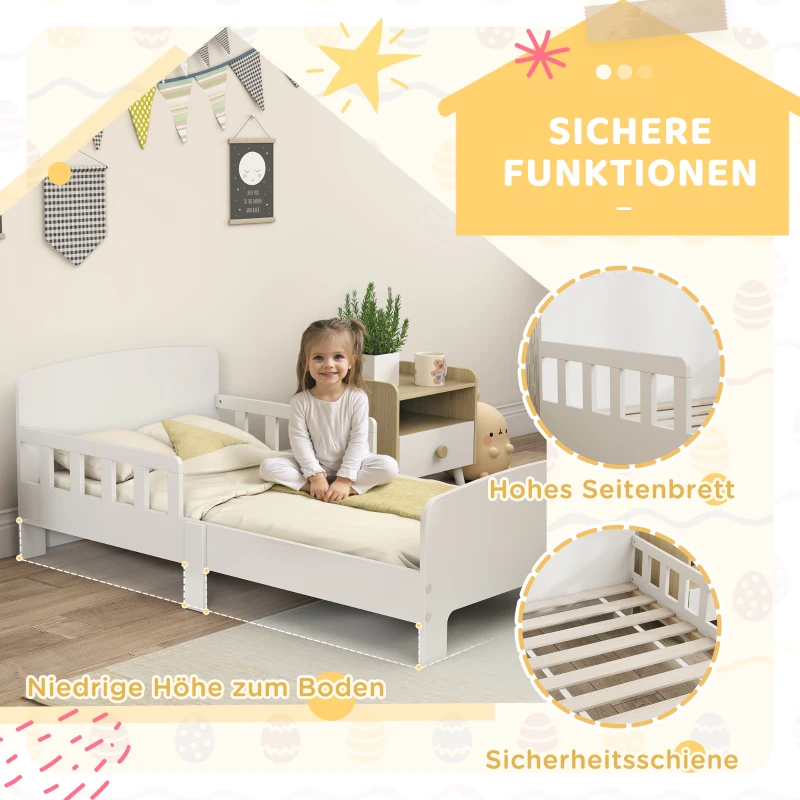 AIYAPLAY Kinderbett mit Sicherheitsschienen, Kleinkinderbett für Kinder im Alter von 3-8 Jahren, MDF, Weiß