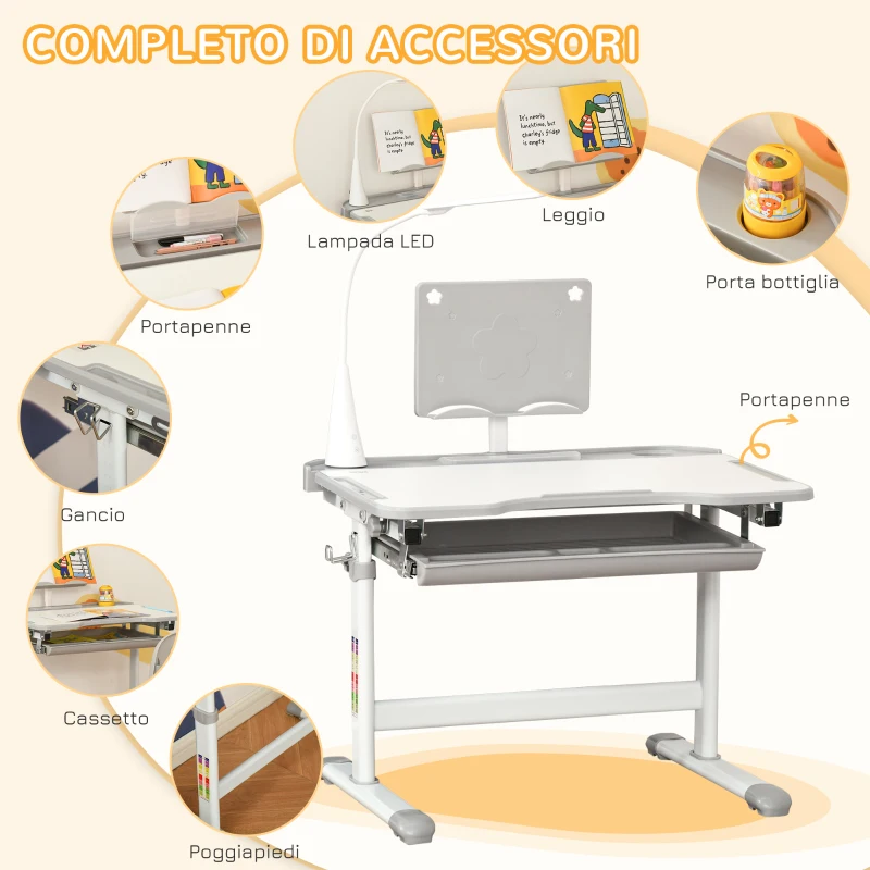 HOMCOM Banco Scuola con Sedia per Bambini 6-12 Anni con Altezza e Inclinazione Regolabile, Grigio
