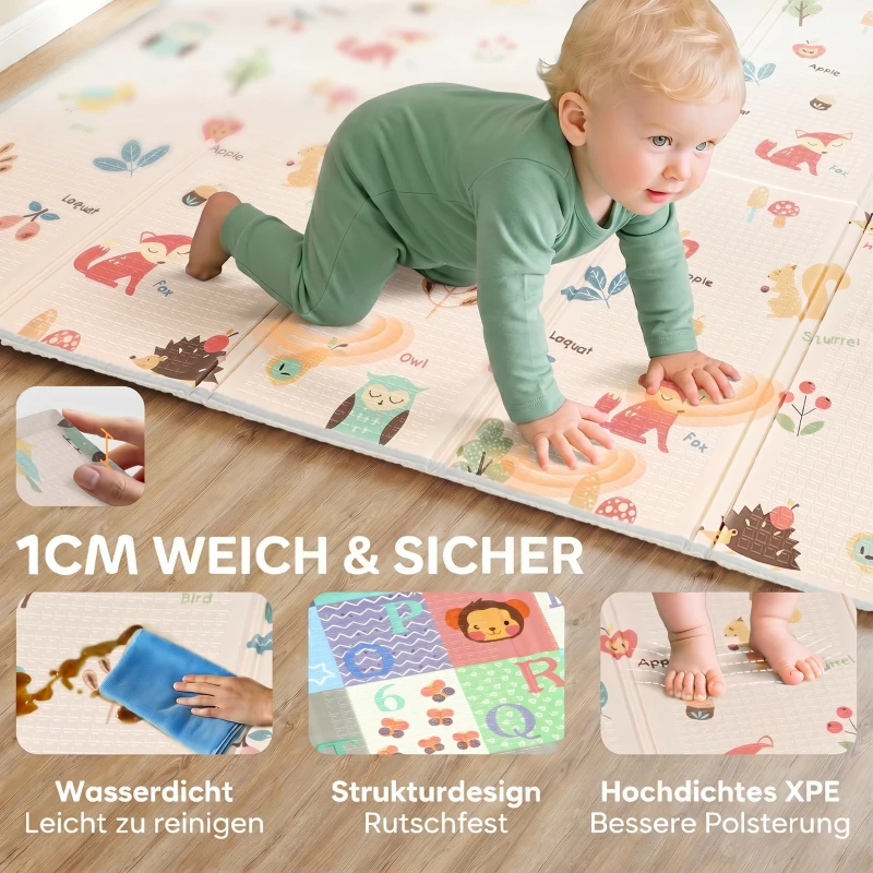 AIYAPLAY Spielmatte Baby Faltbar Kinder 176,5 x 148 cm Doppelseitige Krabbelmatte mit Alphabet- und Tiermotiv-Muster