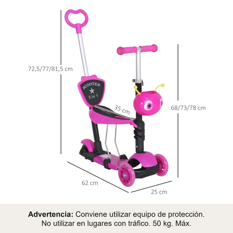 HOMCOM 3 en 1 Patinete para Niños de +18 Meses Scooter de 3 Ruedas con Asiento Extraíble Manillar Mango de Empuje Altura Ajustable 62x25x72,5 cm Rosa