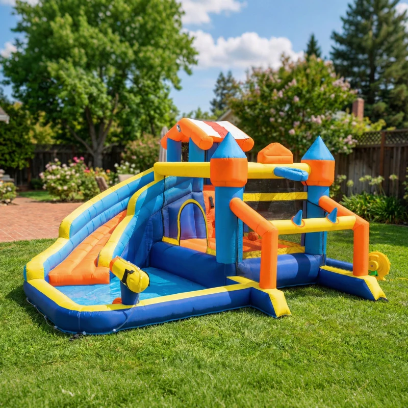 AIYAPLAY 8-in-1 Hüpfburg mit Gebläse Rutsche Planschbecken Trampolin Kletterwand für Indoor Outdoor 350x325x210cm Mehrfarbig
