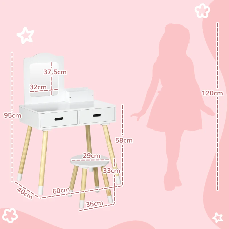 ZONEKIZ Toucador Infantil de Madeira com Banco Espelho e 2 Gavetas Brinquedo Educativo para Crianças de 3-6 Anos 60x40x95cm Branco