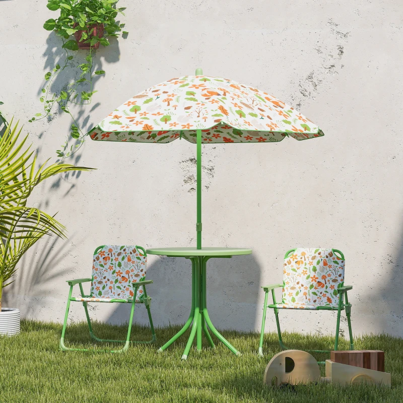 AIYAPLAY Ensemble salon de jardin extérieur enfant 4 pièces, motif éléphant et girafe, parasol réglable Ø 100 cm, chaise pliable