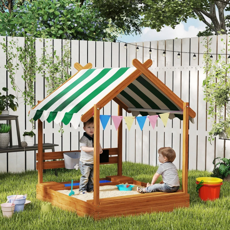 Outsunny Caixa de Areia para Crianças de Madeira em Forma de Casa com 2 Assentos Toldo 6 Bandeirolas 2 Bandejas Removíveis Torneira e Quadro para Jardim 124x116x146 cm Madeira