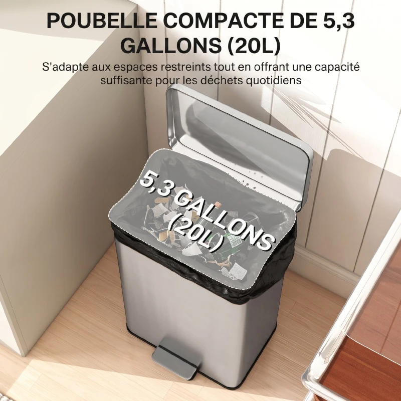 HOMCOM Poubelle de Cuisine 20 L en Acier Inoxydable, Poubelle avec Pédale, Couvercle à Fermeture Douce, Argenté