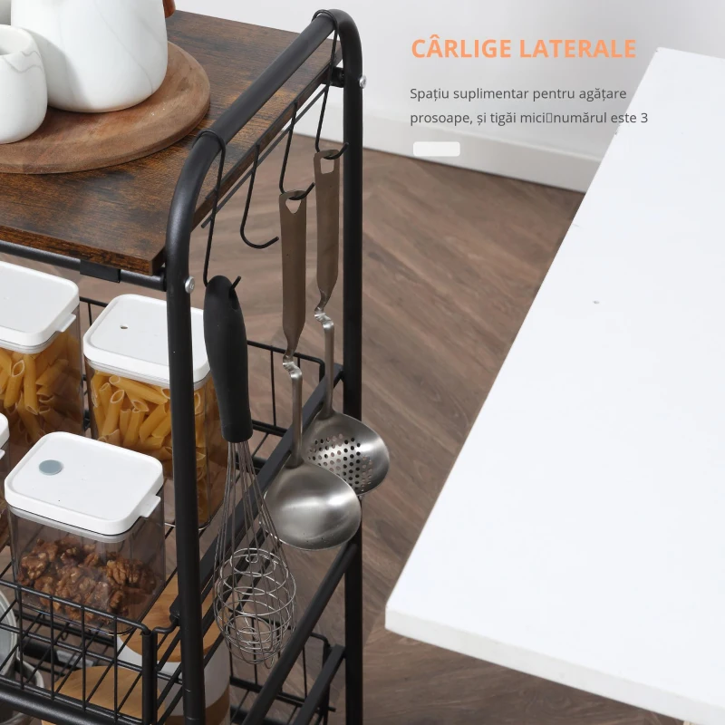 HOMCOM Cărucior Auxiliar cu Roți de 3 Nivele Cărucior de Bucătărie cu 2 Coșuri și 4 Cârlige 60x38x85,5 cm Maro Rustic