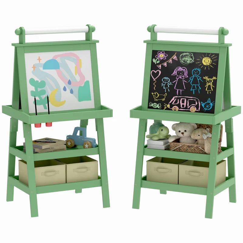 AIYAPLAY Tableau chevalet enfant 3 en 1 avec tableau blanc magnétique, tableau à craie, rouleau papier, 2 paniers, 3-6 ans, vert
