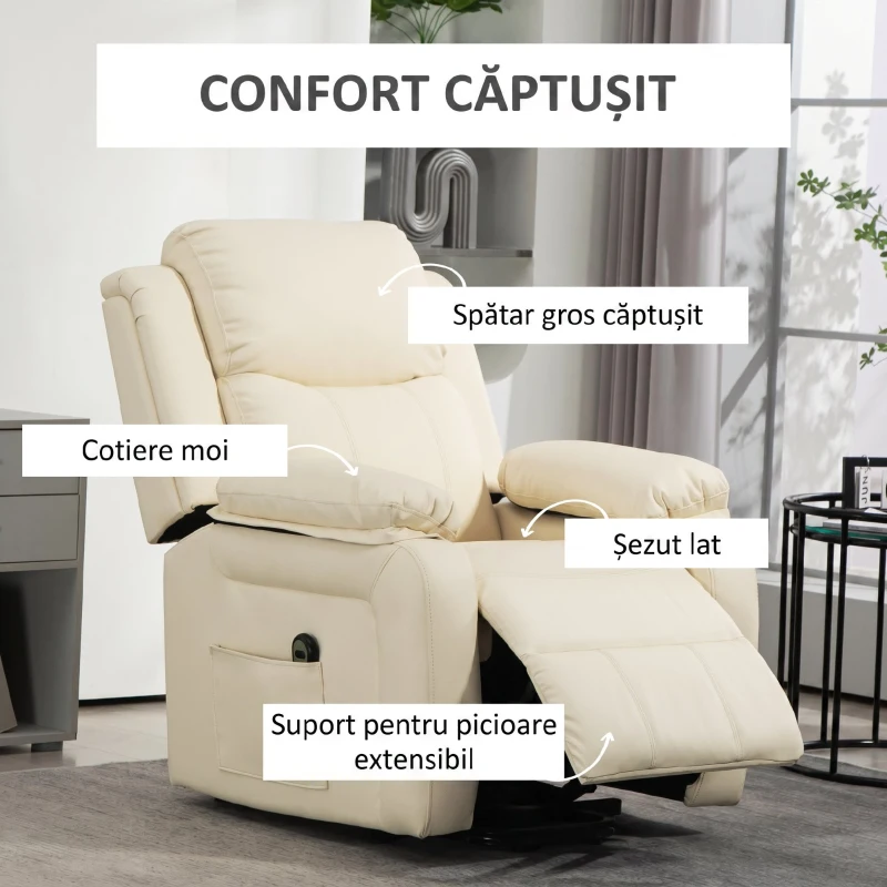HOMCOM Fotoliu cu Funcție de Ridicare Reclinabil la 160° cu Suport pentru Picioare și Telecomandă, din Piele PU și Oțel, 76x90x105 cm, Crem