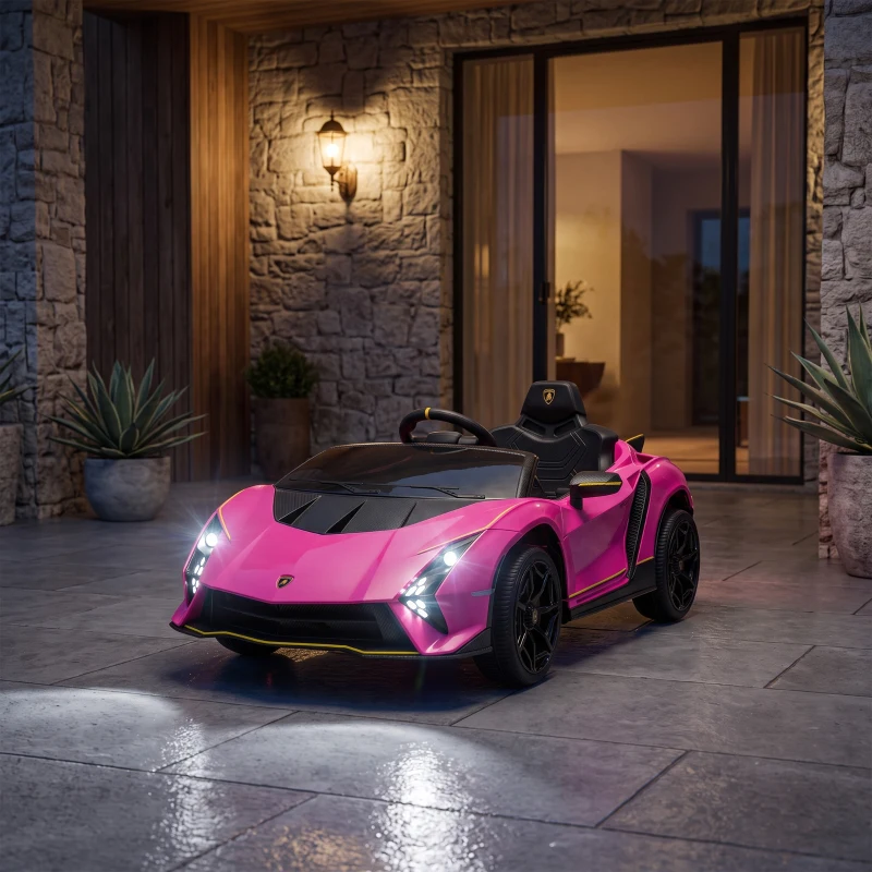 AIYAPLAY Carro Elétrico para Crianças Lamborghini 12V Controlo Remoto Faróis Buzina Arranque Lento e Música MP3 114,5x64x45,5 cm Rosa
