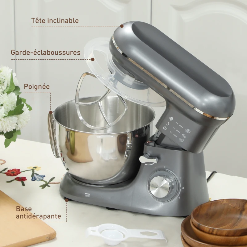 HOMCOM Robot pâtissier 1300 W, robot pétrin professionnel 4,5 L, bol d'acier inoxydable, 6+P vitesses et pulse, argent