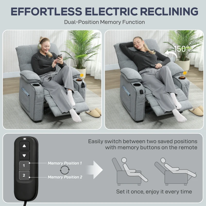 HOMCOM Electric Massage Recliner Armchair with Vibration, Heat, Whisper-Quiet Motor, Memory Function, Velvet Power Reclining Chair with Spring Pack, USB Port, Footrest, Side Pockets, Cup Holders, Grey