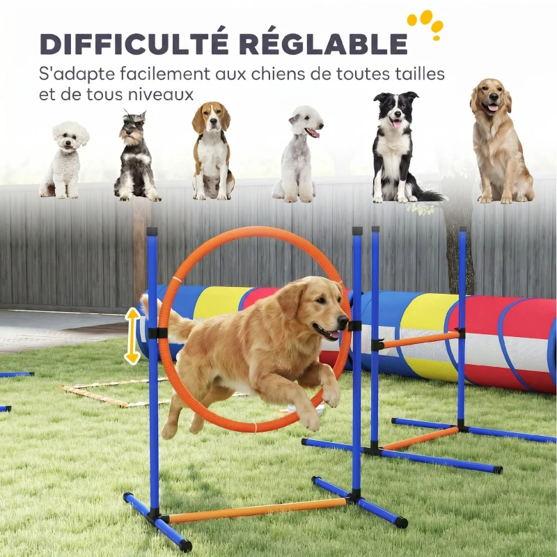 PawHut Équipement d'Agilité pour Chien 12 Pièces, 4 Tunnels, Sauts Ajustables, Anneau, Slaloms, 357x65x68cm, Multicolore