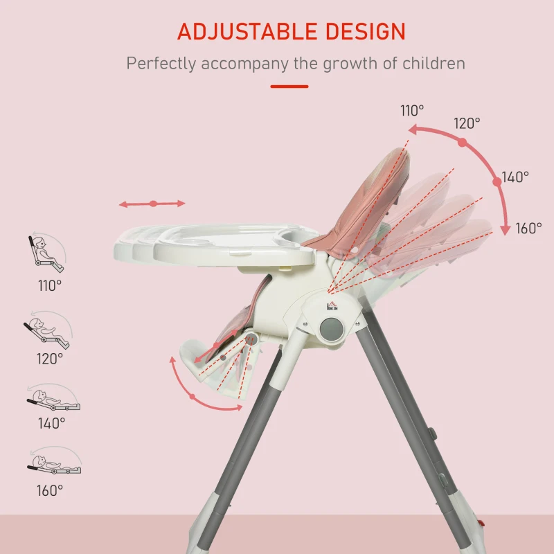 HOMCOM Foldable Baby High Chair Convertible Feeding Chair Height Adjustable with Adjustable Backrest Footrest and Removable Tray 5 Point Safety Harness for Kids 6 - 36 Months Pink