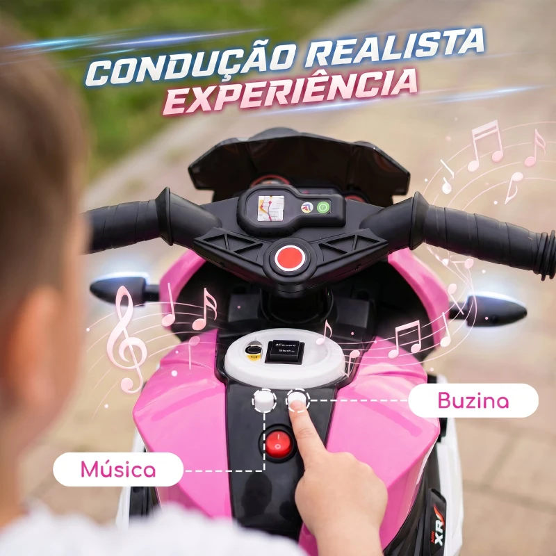 HOMCOM Mota Elétrica Infantil de 3 Rodas com Pedal, Farol LED, Música e Buzina para Crianças de 3 a 5 Anos, Rosa