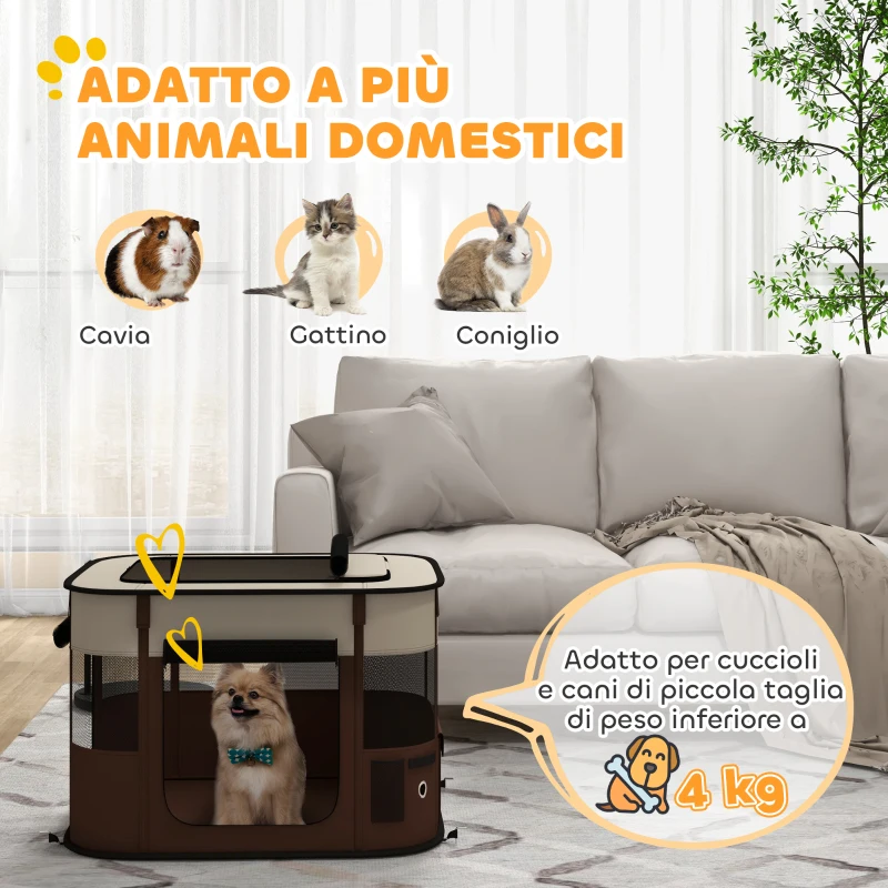 PawHut Box per Animali con 6 Finestre, 3 Porte e 2 Borse Portaoggetti, Poliestere e Acciaio, 74x60x45 cm, Marrone