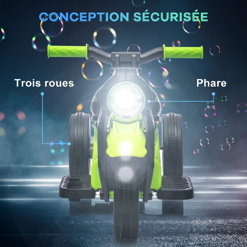 AIYAPLAY Moto électrique enfants 2-5 ans, 3 roues, 6 V, 3 km/h, avec fonction de bulles, effets lumineux et sonores, vert