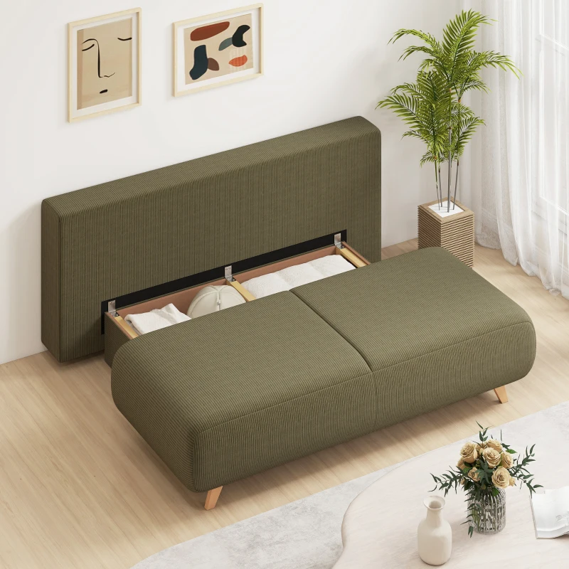 HOMCOM Schlafsofa mit verstellbarer Rückenlehne, Bettfunktion, verstecktem Stauraum und Cordbezug, Dunkelgrün
