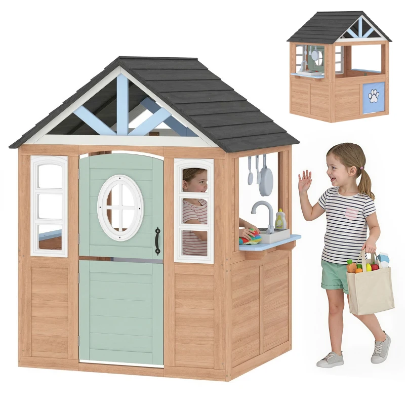 AIYAPLAY Casinha Infantil Exterior e Interior de Madeira com Porta para Animais de Estimação Casinha de Brincar 115,5x97,3x140 cm Madeira