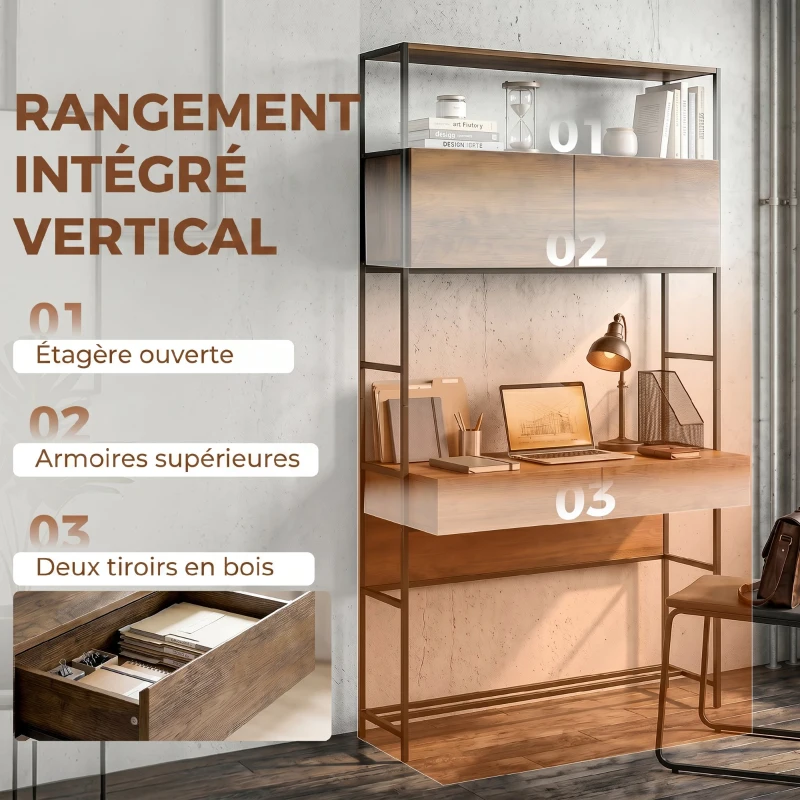 HOMCOM Bureau d'ordinateur avec 2 tiroirs, 100 x 45 x 185 cm, bureau avec rangement, 2 portes et étagères ouvertes, marron