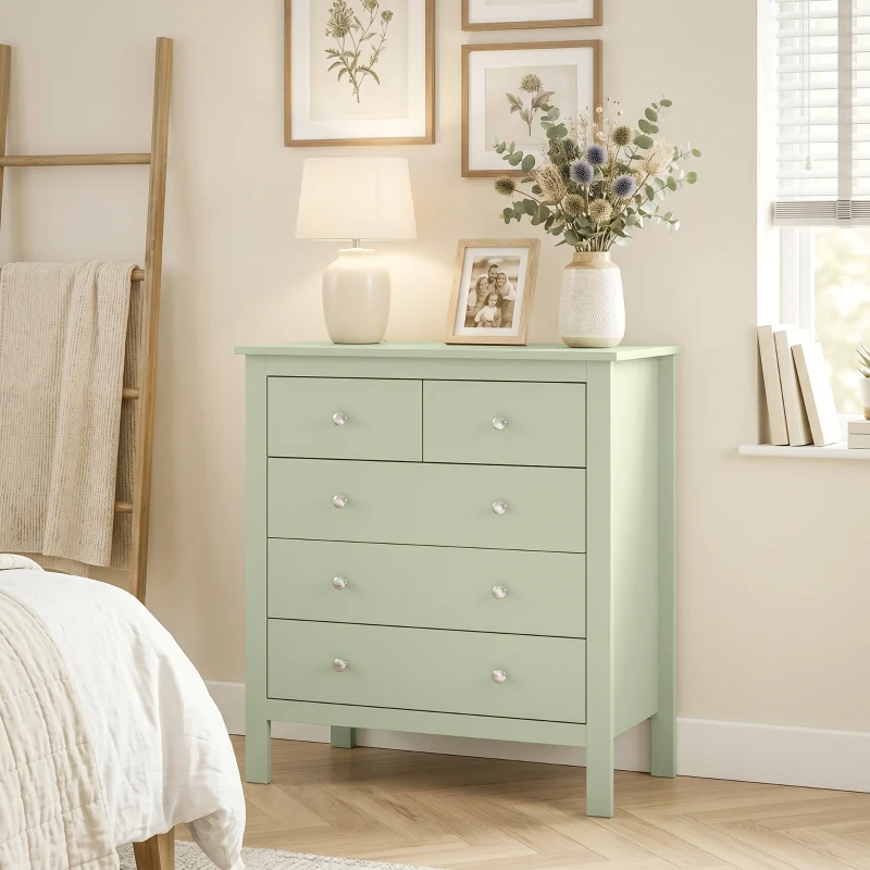 HOMCOM 5 Drawer Chest of Drawers, Modern Dresser for Bedroom, Bedside Storage Cabinet, Wide Storage Unit with Glide Runners for Living Room, Hallway, Closet, 79 x 39.5 x 80.5 cm, Sage Green